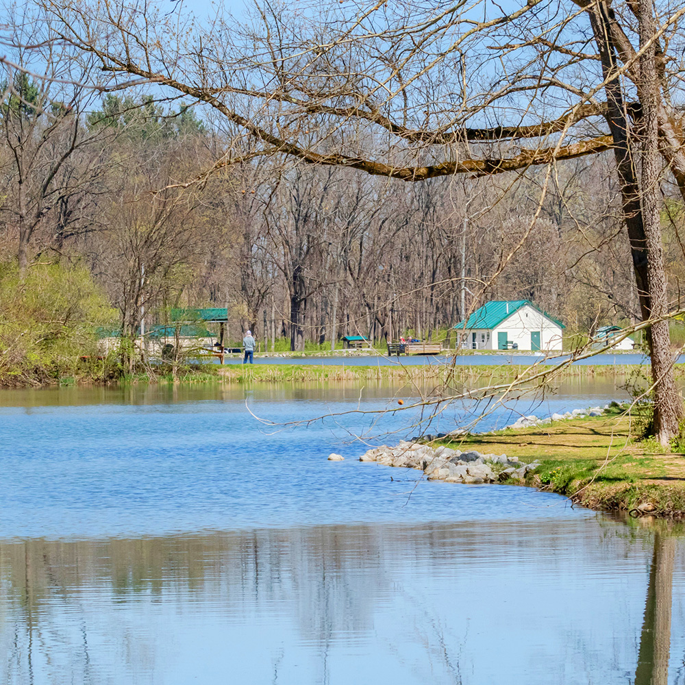 view of lake with nature center in background