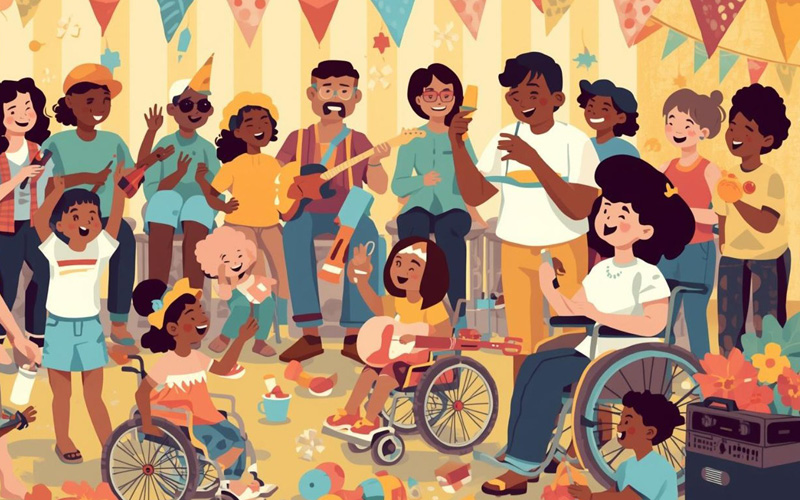 Group of people celebrating dancing standing and in wheelchairs