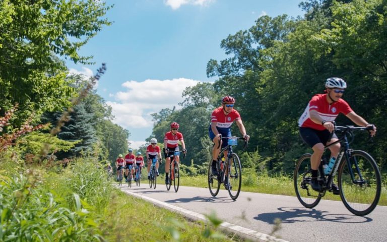 a group of people riding bikes down a road